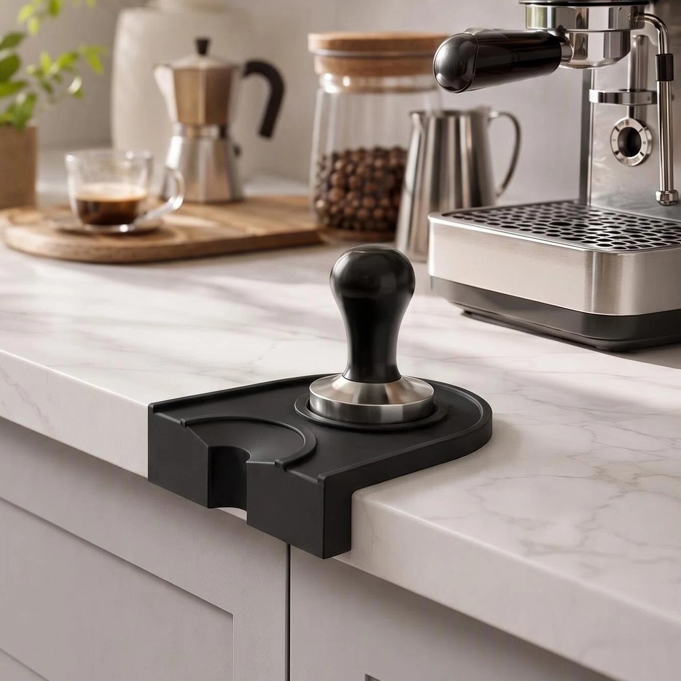 Espresso Tamper Set - Tapete de Silicone Pequeno Preto para